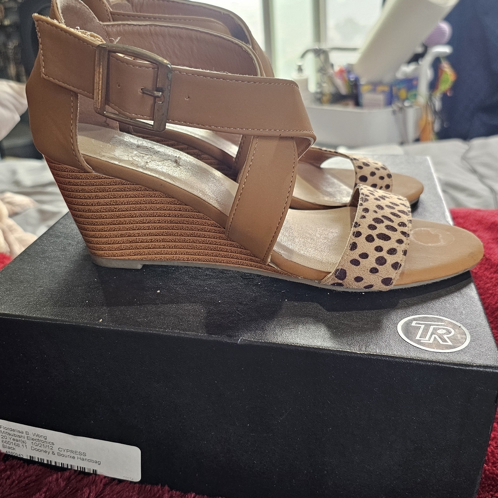 Tan and Leopard Print Wedge Sandals